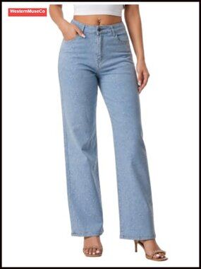 High Waisted Wide Leg Rhinestone Jeans Stretch Denim Sparkly Party